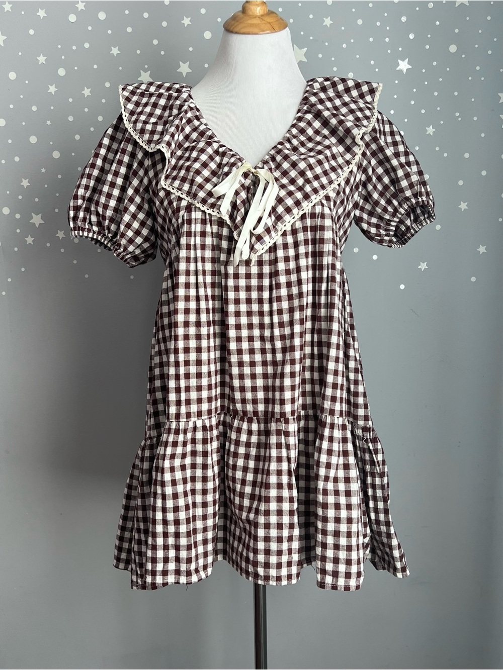 Needii Brown Gingham Babydoll Mini Dress Puff Sleeve Ruffle Collar Bow S